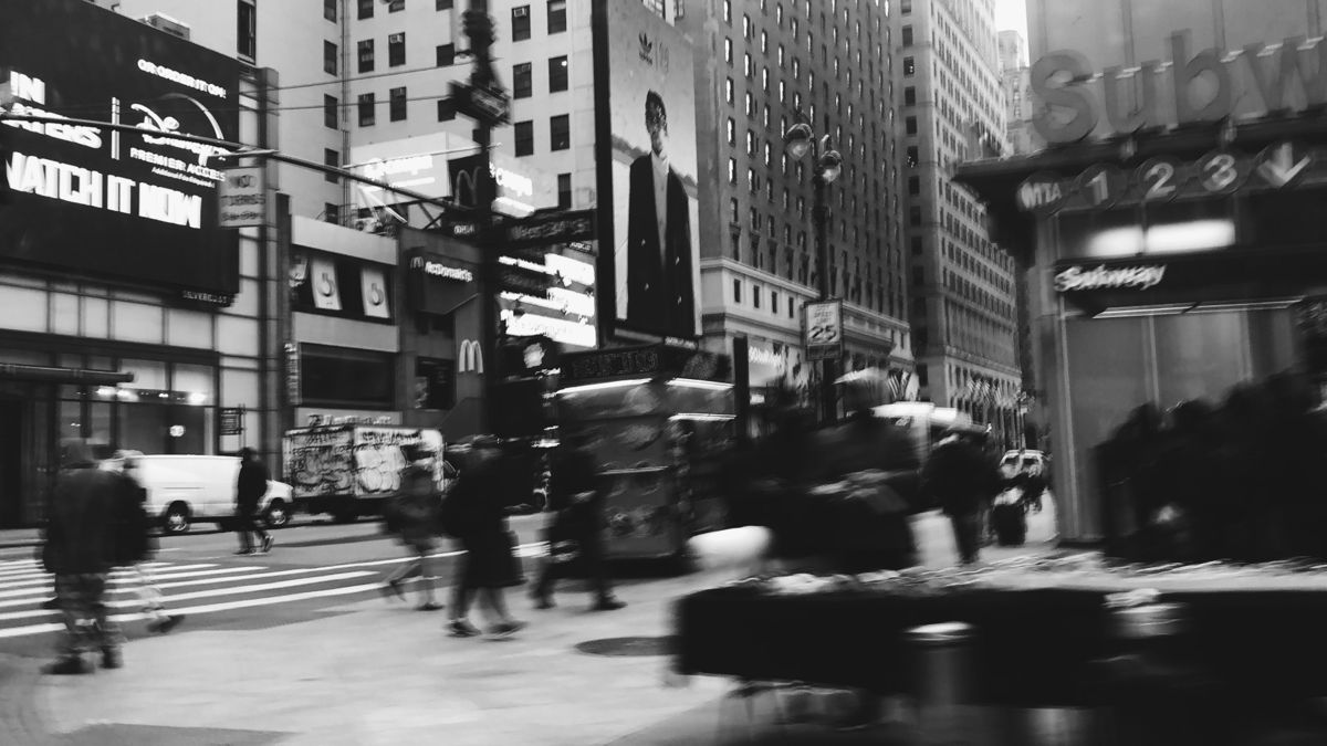 Times Square street scene, black and white